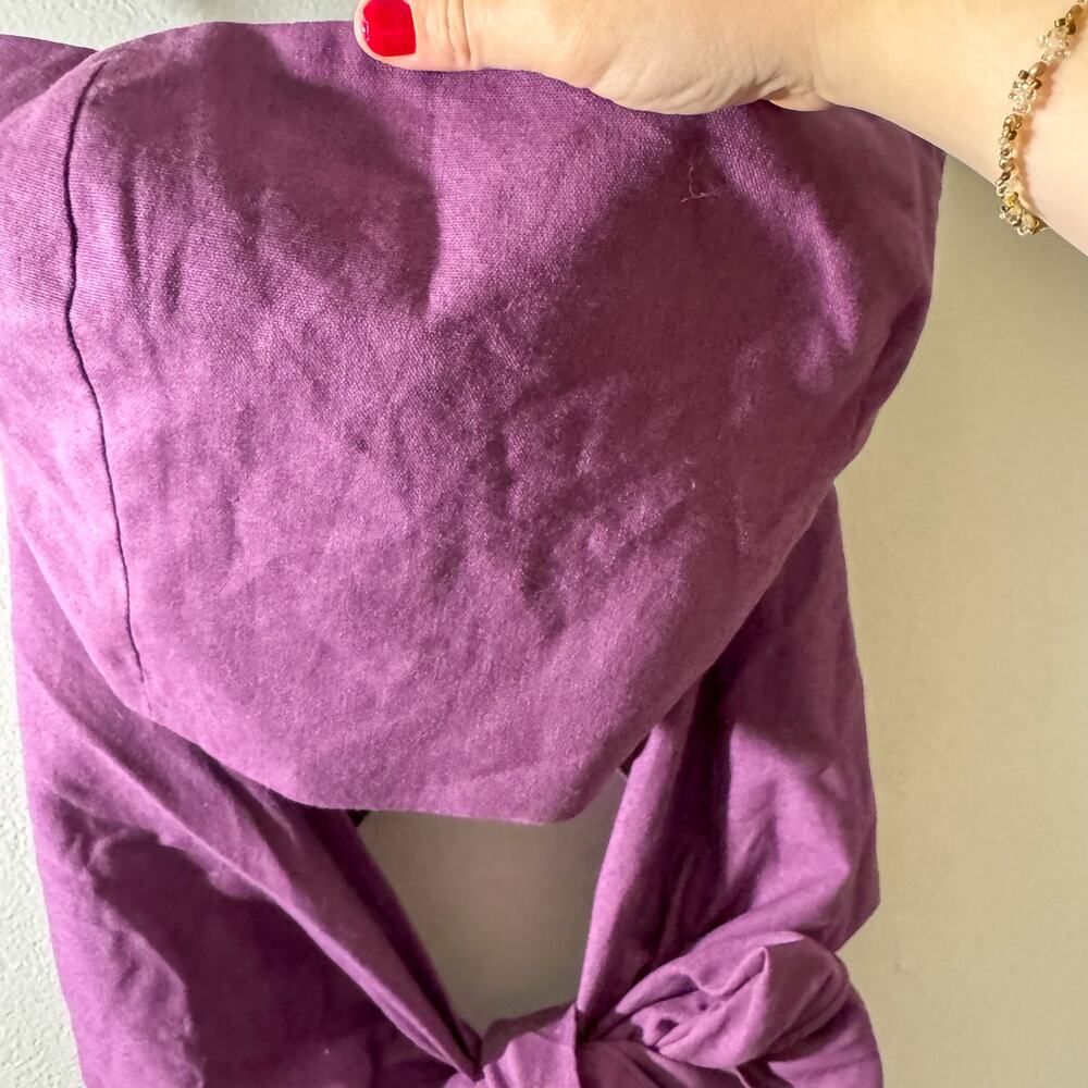 Commense Purple Linen Blend Smocked Strapless Tie Front Bandeau Crop Top - Picture 4 of 7
